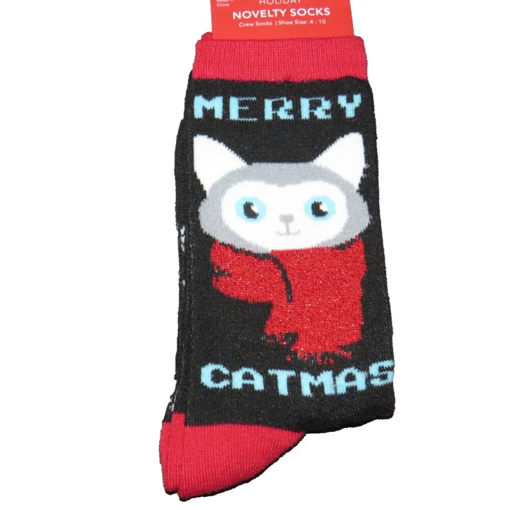 Women's MERRY CATMAS Cat Face Festive Christmas Holiday Crew Socks